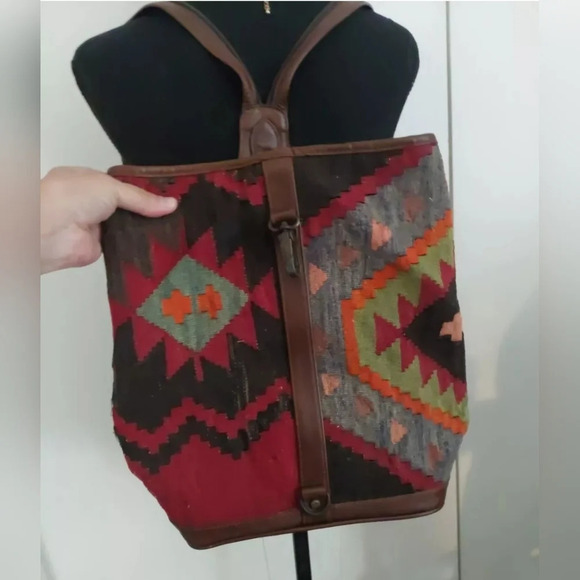 Turkish Wool Kilim Carpe backpack-bag Bohemian Tapestry Leather Straps Indiecore - Picture 4 of 11